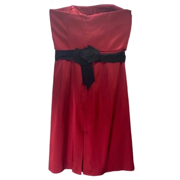 Strapless Red Party Prom Dress Sz 6 Black Sash Short Sexy Pleated Bodice 7” Slit - Picture 5 of 11
